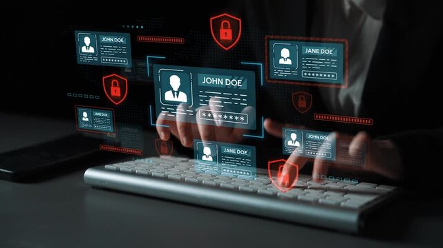 This image illustrates a digital security concept, featuring user identification and data protection mechanisms in a modern workspace, emphasizing cybersecurity and privacy awareness. Entropy.