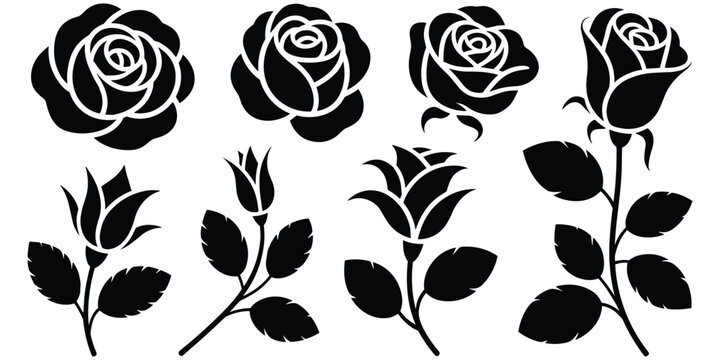 Set of roses icon in different styles, flower symbol, black silhouette of blooming plant