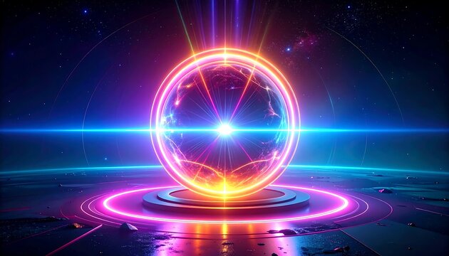 Glowing sphere, encircled by vibrant bands of light, radiates energy in a futuristic, cosmic-themed digital artwork