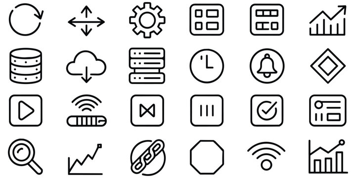 Set of web and application interface icons featuring various digital controls and data analytics tools