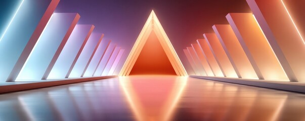Fototapeta premium Neon glowing triangular tunnel with purple and blue lights in a futuristic corridor