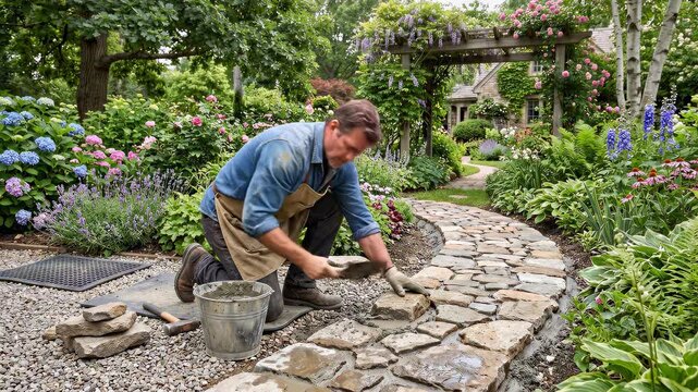 Gardener laying stone path in lush green garden.