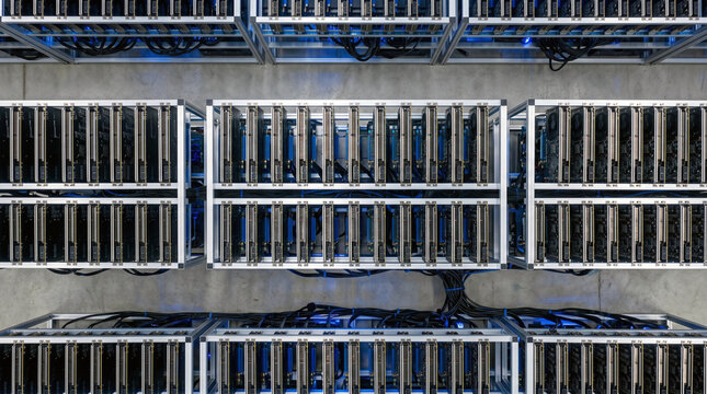 Aerial View of Cryptocurrency Mining Farm GPU Server Racks with Blue LED Lighting