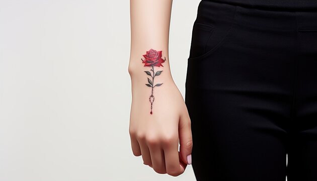 A person with a red rose tattoo on their wrist and black pants