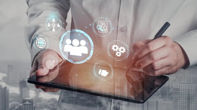 Business professional using tablet for digital communication and data analysis with technology icons in background for modern corporate environment. Entropy.