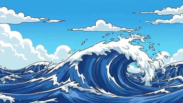 A vibrant illustration of rolling ocean waves under a bright blue sky with clouds