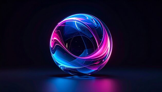 Glowing sphere with swirling blue and pink light trails against a dark background creates an abstract, modern aesthetic