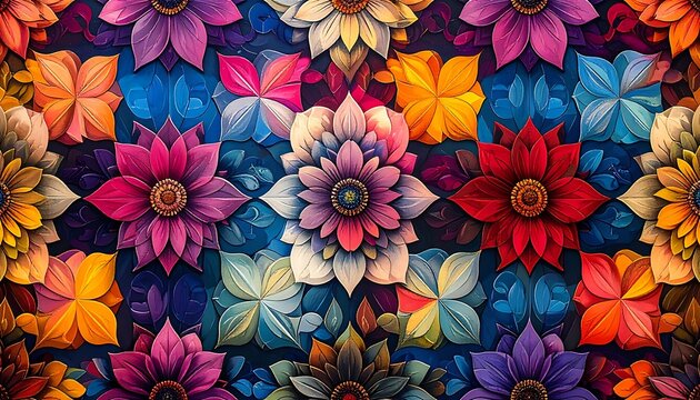 A vibrant floral pattern featuring multicolored flowers on a dark background