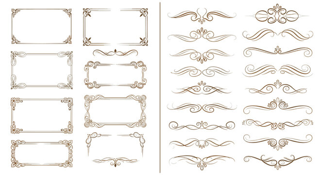 Vintage ornamental frame flourish collection with decorative floral scroll divider border elegant vector design