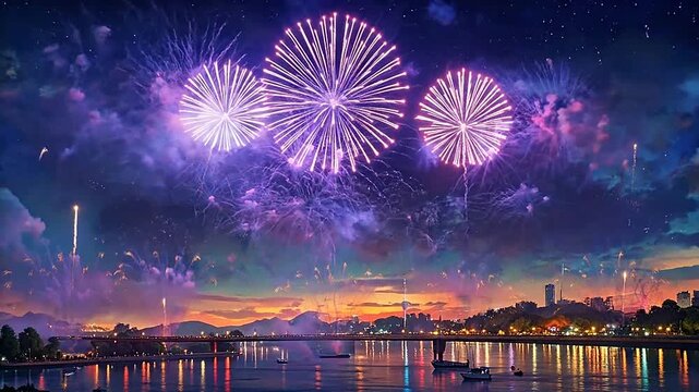 Bright colorful fireworks explode over a calm river at night during a celebration
