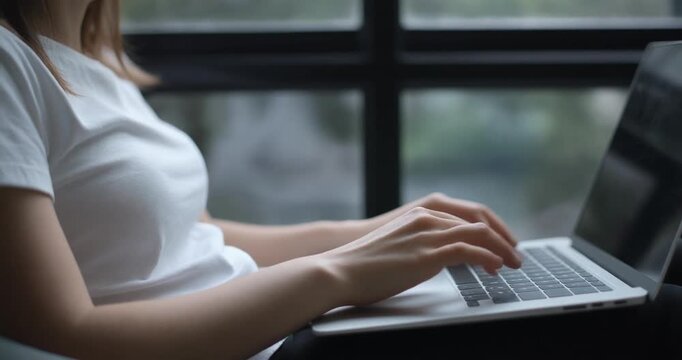 Woman typing on laptop computer keyboard sitting near large window in bright office space.