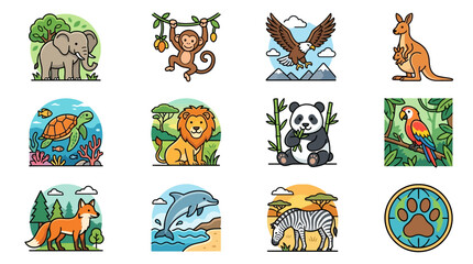 Obraz premium Colorful illustrations of various animals in nature scenes
