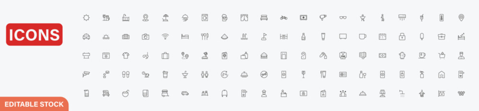 Set of thin line icons for hotel services, travel, tourism, and hospitality industry, vector illustration