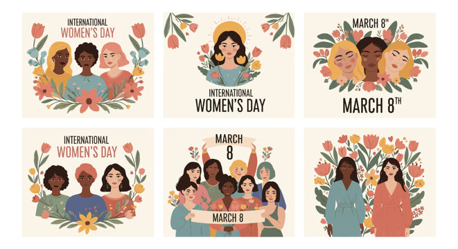 Women&rsquo;s Day poster icon collection, empowerment artwork design, floral motif concept, unity theme style, flat vector illustration