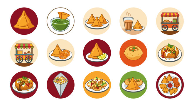 Colorful illustrations of various samosas and snacks