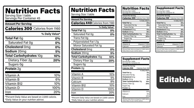 Set of nutrition facts and supplement facts labels for food packaging