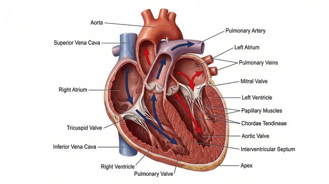 Detailed anatomical heart cross‑section showing labeled chambers, valves, and vessels, educational medical illustration highlighting cardiovascular structure, blood flow pathways, and internal human p