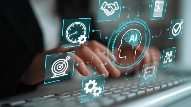 Hands of a Business Professional Using a Keyboard Integrated with Futuristic AI Technology and Data Visualization Concepts for Innovative Solutions and Productivity. Entropy.