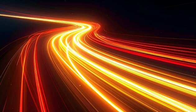 Glowing streaks of light arc through darkness, radiating warm hues of orange, yellow, and red