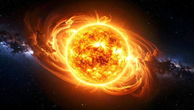 Glowing sun surrounded by cosmic swirls, emitting intense light against a starfield backdrop