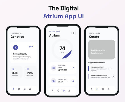 The Digital Atrium App UI showcases mobile health tracking screens