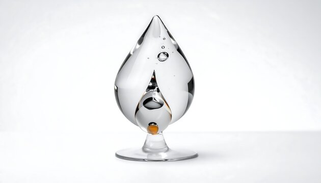 Glass teardrop sculpture with inner teardrop and bubbles on a white background, clean and elegant design