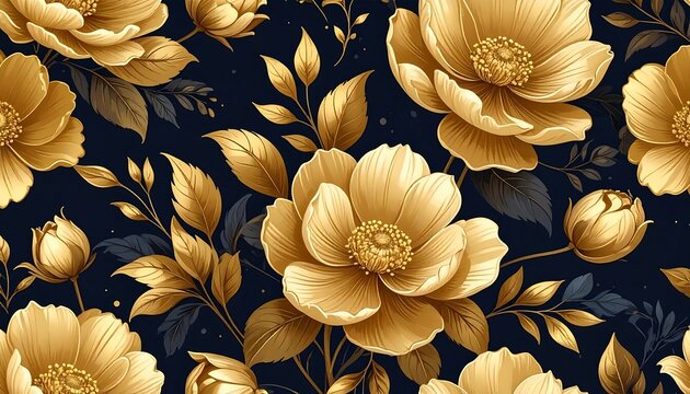 Golden flowers bloom abundantly against a dark backdrop, with intricate details and elegant floral design elements