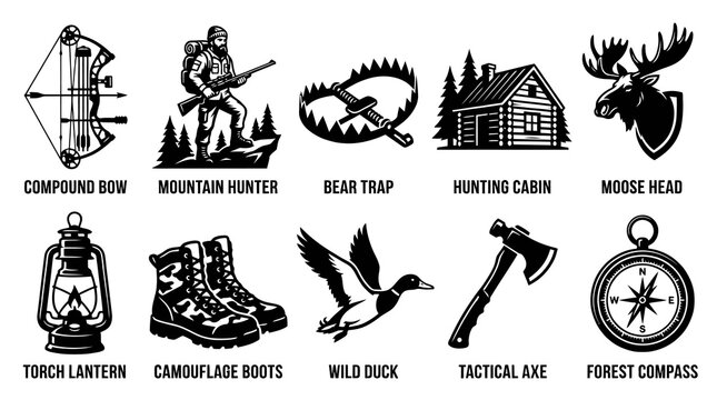 Wilderness Survival Gear and Hunting Equipment Vector Icons
