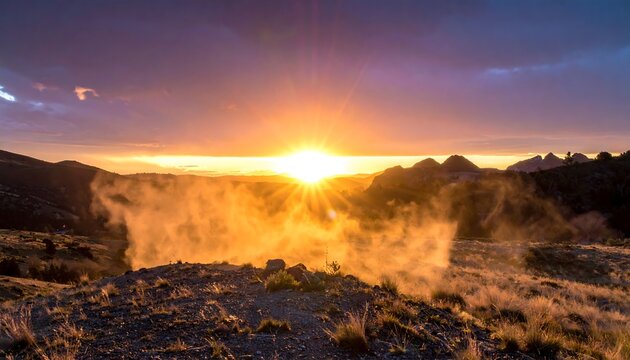 Glowing sunset over desert landscape. Rays of light break across the hills. Dust cloud in the air