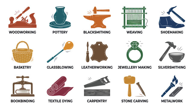 Craftsmanship Icons: Woodworking to Metalwork, Flat Design Vector Set