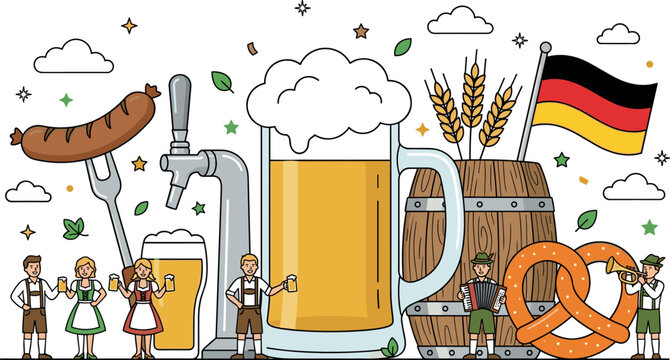 Oktoberfest German beer festival banner vector illustration featuring giant beer mug pretzel sausage tap barrel flag and people in traditional costumes (21 words)