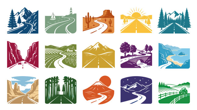 Scenic Travel Roads Vector Graphic Illustration Set. Diverse Landscape Journeys, Adventure Pathways  Transportation Routes