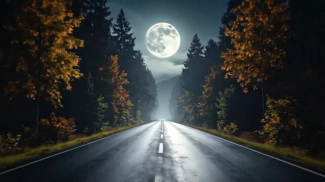 A bright full moon shines over a dark road through a dense forest at night