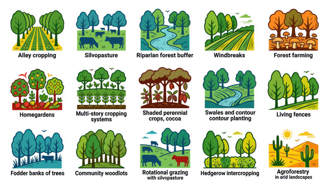 Agroforestry Systems Flat Vector Illustrations Set for Sustainable Agriculture and Eco-friendly Land Use