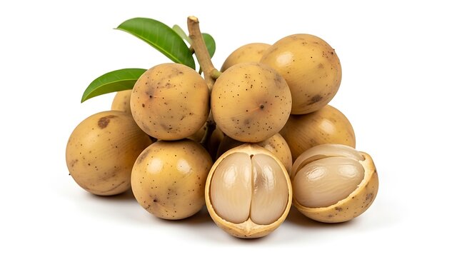 Bunch of langsat fruits with leaves isolated on white background