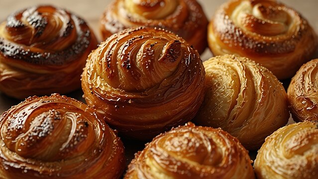 Close up of freshly baked golden brown cinnamon rolls pastry delicious sweet buns layout artisanal bakery gourmet dessert food photography background commercial breakfast concept