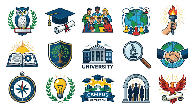 Education Icons Set: Owl, Graduation Cap, Globe, Torch, University, Compass, Lightbulb, Phoenix