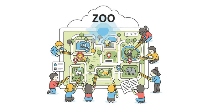 Colorful illustration of children gathered around a large zoo map with various animals and attractions, viewed from above against a clean white background.