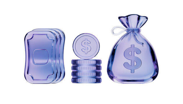3D glass money icon set with dollar banknote, stack of coins and money bag on white background