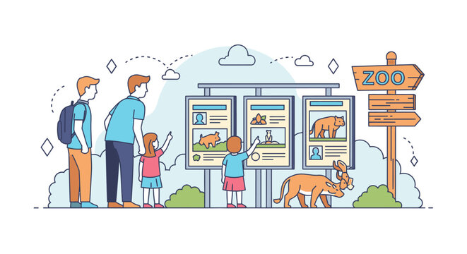 Illustration of a family visiting a zoo, looking at informational signs with a dog, in a colorful and educational setting.