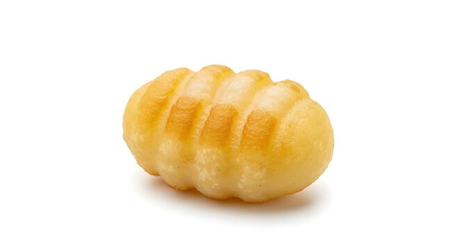 A single baked bread roll with ridges isolated on white background