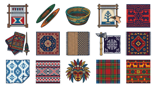 Vector Hand-drawn Set of Traditional Textile Art, Weaving Crafts, Indigenous Patterns, Looms  Cultural Icons