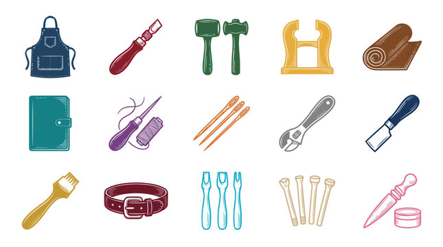 Leather Craft Tools and Supplies Flat Line Art Icons Set for DIY Workshop and Handmade Products