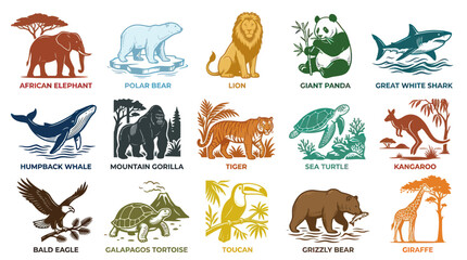Fototapeta premium Diverse Animals Collection: Flat Vector Illustrations for Wildlife Education