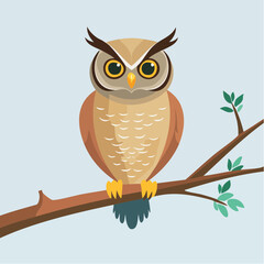 Obraz premium Illustration of a Great Horned Owl sitting on a tree branch with light blue background