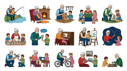Fototapeta premium Grandparents and Grandchildren Activities Icons Set, Flat Style