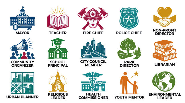 Diverse Public Service, Community  Professional Glyph Icons Set - Civic Roles  Job Symbols Collection