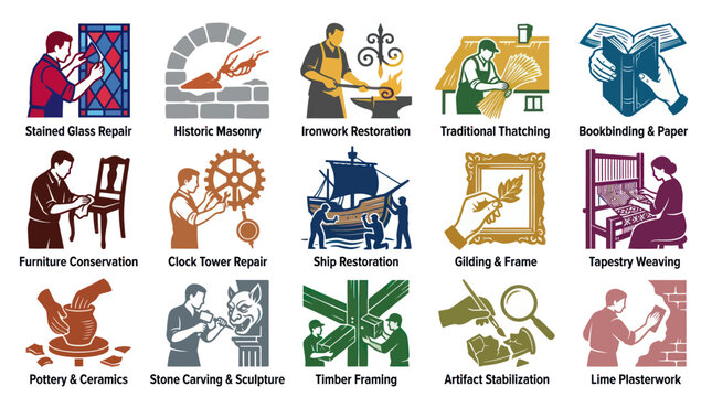 Traditional Craft  Restoration Skills Flat Vector Icons Set: Heritage Preservation Professions Illustrations