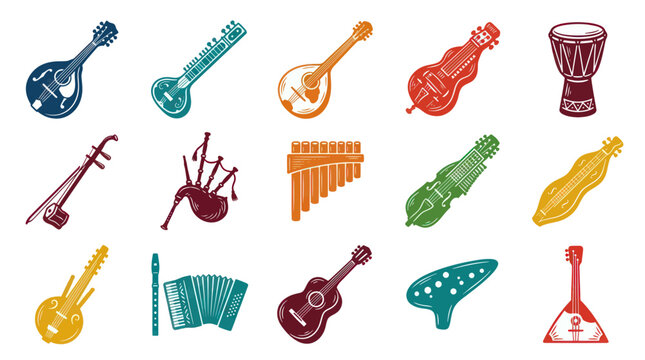 Diverse Folk  Traditional Musical Instruments Flat Vector Icon Collection for Music, Art, and Culture