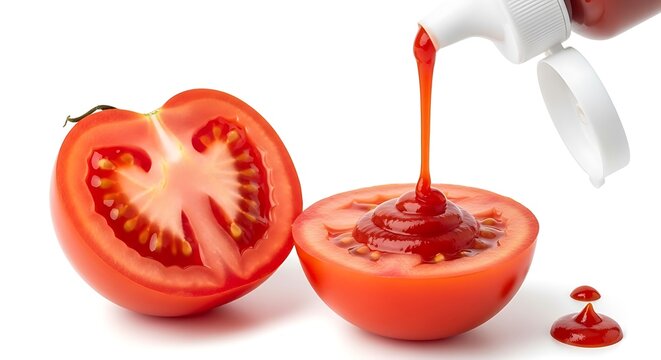 Ketchup being squeezed from a bottle into a halved tomato isolated on white background